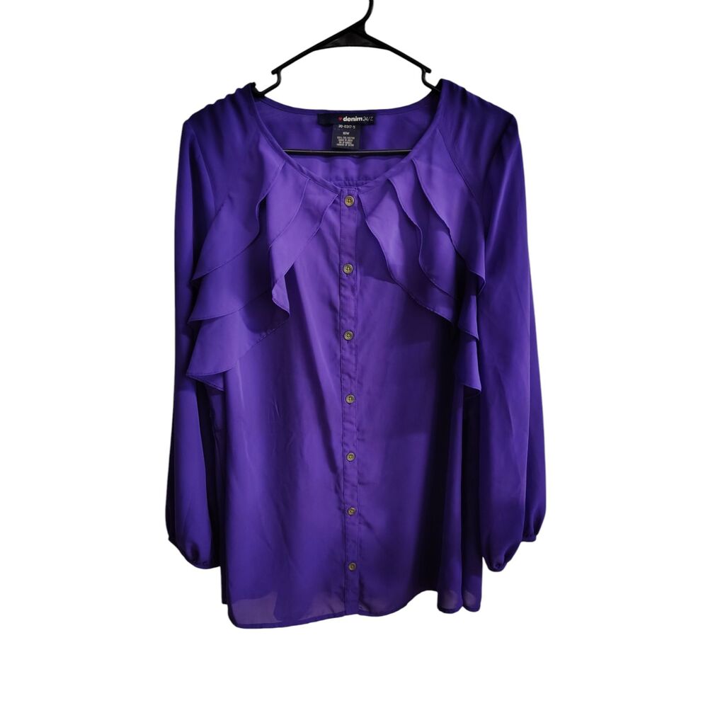 Denim 24 7 Blouse Womens 16W Purple Chiffon Ruffle Button Down Long Sleeve Top